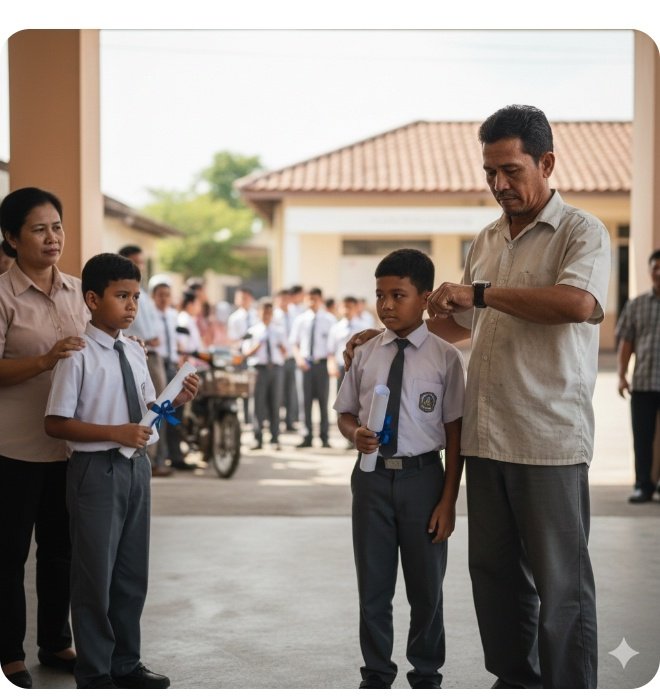 Ilustrasi anak yatim memandang sedih, ayah mengejar waktu