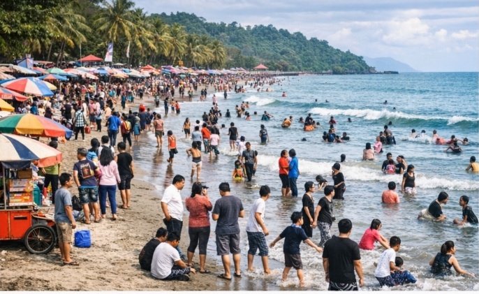 Suasana wisata Pantai Padang saat libur Natal 2025 di Sumatra Barat