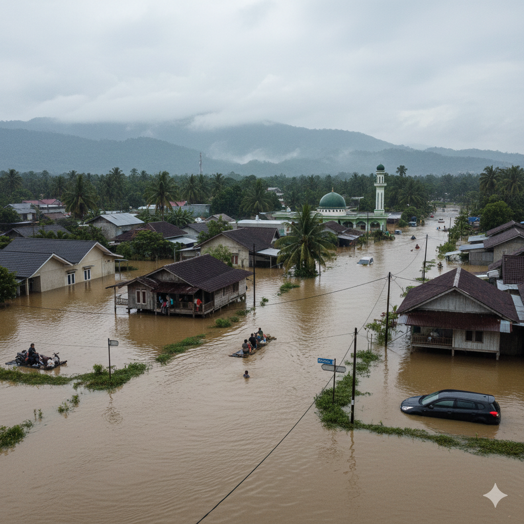 Banjir merendam permukiman dan jalan utama di Kota Padang akibat hujan deras, Jumat (2/1/2026)