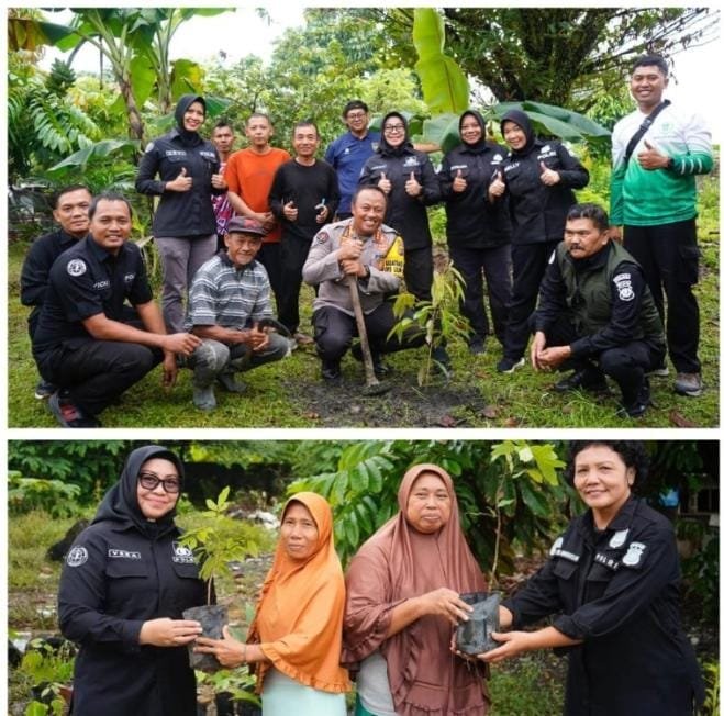 Personel Polda Riau bersama masyarakat melakukan penanaman pohon dalam program Green Policing untuk pelestarian lingkungan dan ketahanan pangan.