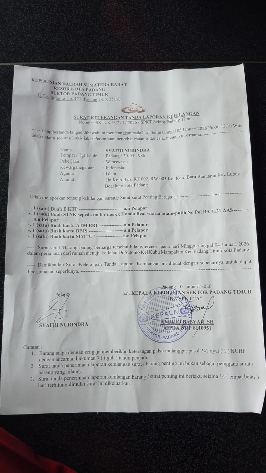 Surat keterangan laporan kehilangan Polsek Padang Timur