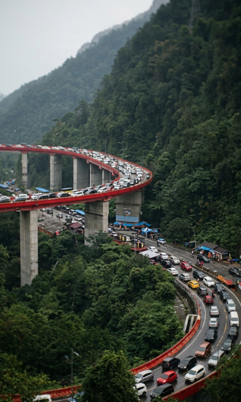 Kemacetan kendaraan di flyover Kelok Sembilan Sumbar 24 Maret 2026