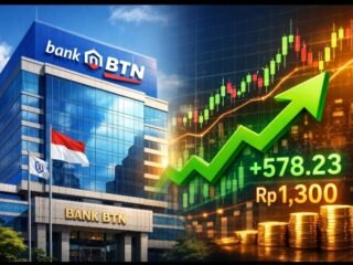 Gedung Bank BTN dengan ilustrasi grafik saham BBTN yang menunjukkan kenaikan.