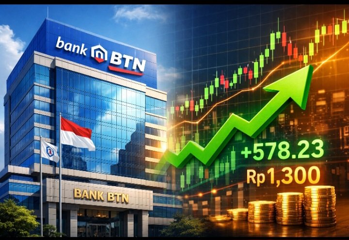 Gedung Bank BTN dengan ilustrasi grafik saham BBTN yang menunjukkan kenaikan.