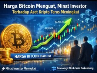 Ilustrasi grafik kenaikan harga Bitcoin di pasar kripto global dengan simbol Bitcoin dan grafik tren naik.