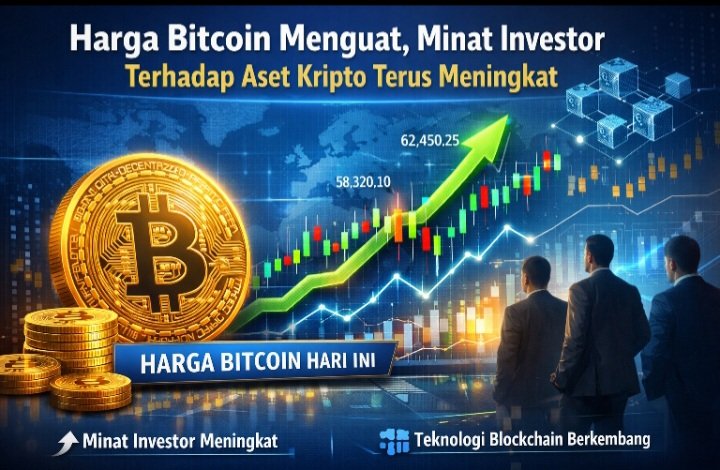 Ilustrasi grafik kenaikan harga Bitcoin di pasar kripto global dengan simbol Bitcoin dan grafik tren naik.