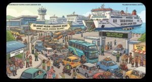 Ilustrasi kartun suasana ramai antrean kendaraan dan kapal feri di Pelabuhan Merak saat arus mudik Lebaran 2026.