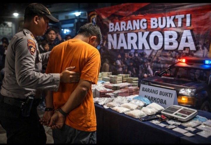 Polisi mengamankan tersangka narkoba di depan meja berisi barang bukti sabu, uang tunai, dan timbangan dengan latar tulisan “Barang Bukti Narkoba”.