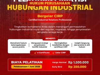 Poster pelatihan praktisi hukum perusahaan hubungan industrial bersertifikasi CIRP oleh PHIGMA Organisasi Advokat