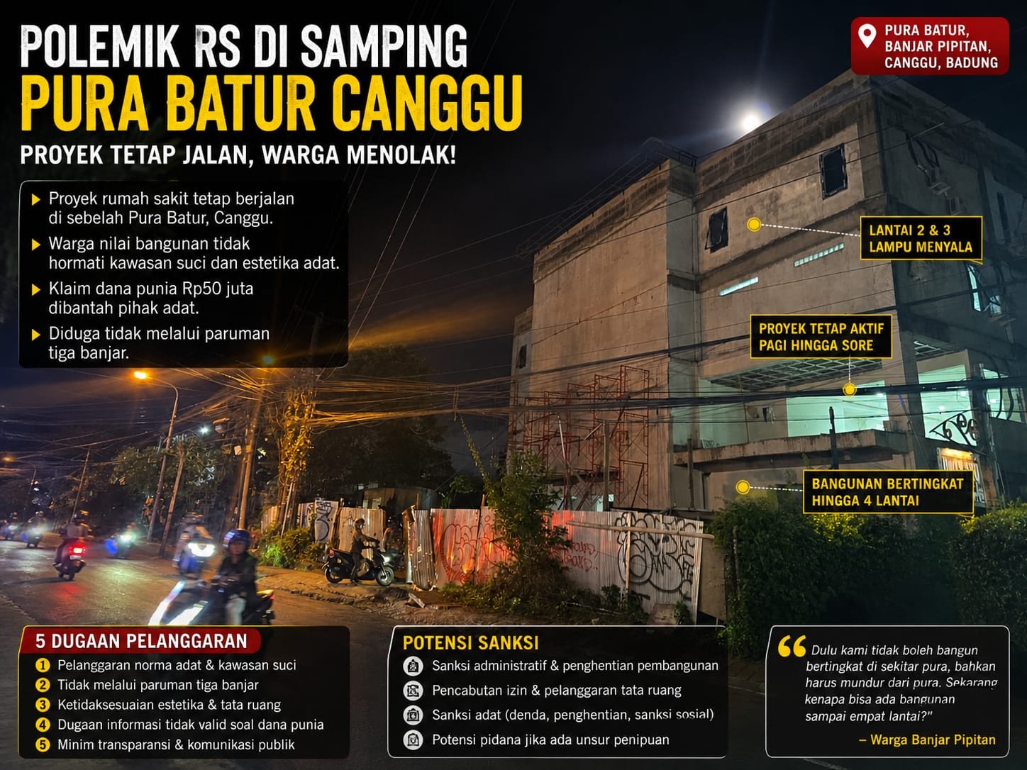 Bangunan proyek rumah sakit di samping Pura Batur Canggu pada malam hari