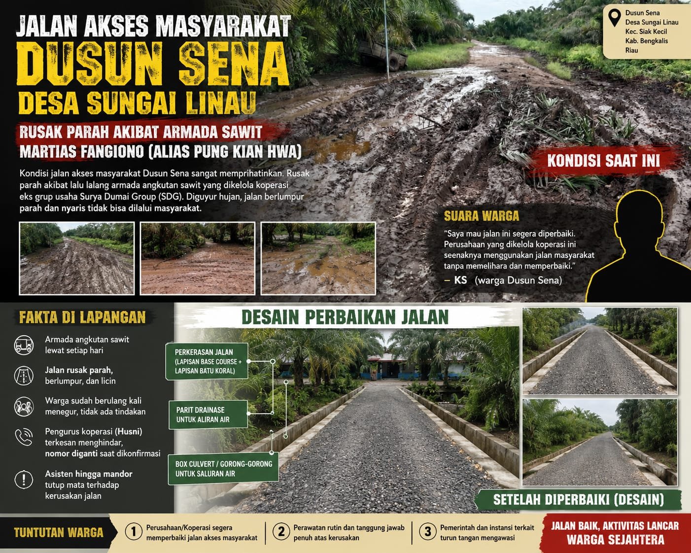 Kondisi jalan rusak parah di Dusun Sena Desa Sungai Linau Bengkalis akibat aktivitas armada sawit