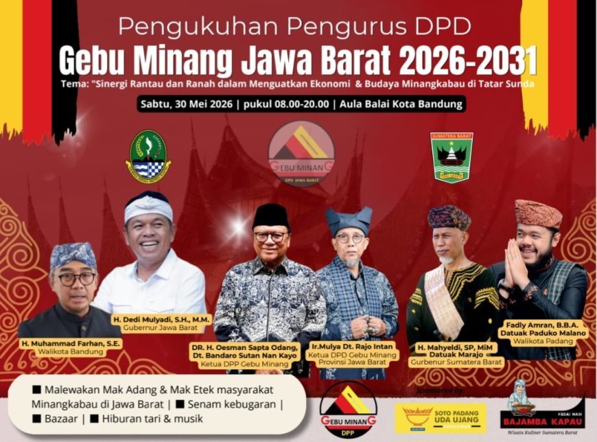 Poster pengukuhan DPD Gebu Minang Jawa Barat periode 2026-2031 di Aula Balai Kota Bandung