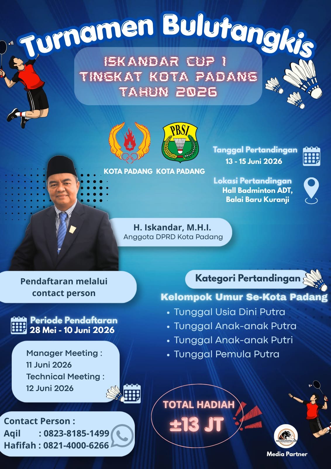 Suasana persiapan Turnamen Bulutangkis Iskandar Cup I Tingkat Kota Padang 2026 di Hall Badminton ADT Balai Baru Kuranji