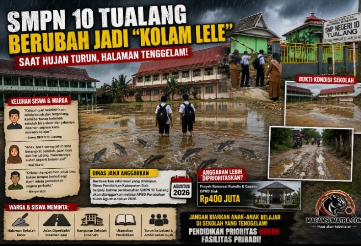 Kondisi halaman SMPN 10 Tualang tergenang air usai hujan deras