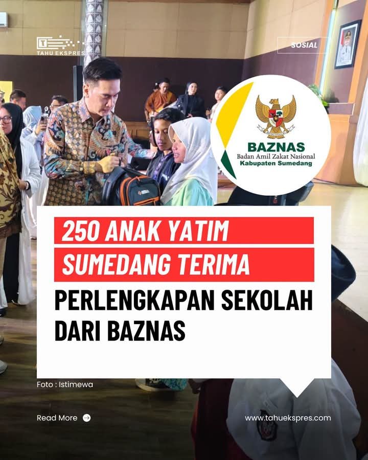 BAZNAS Sumedang menyerahkan perlengkapan sekolah kepada anak yatim pada kegiatan Lebaran Yatim di Aula Tampomas PPS Sumedang.