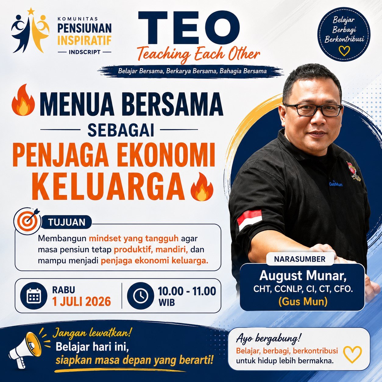 Poster webinar Teaching Each Other (TEO) bertema Menua Bersama sebagai Penjaga Ekonomi Keluarga bersama August Munar.