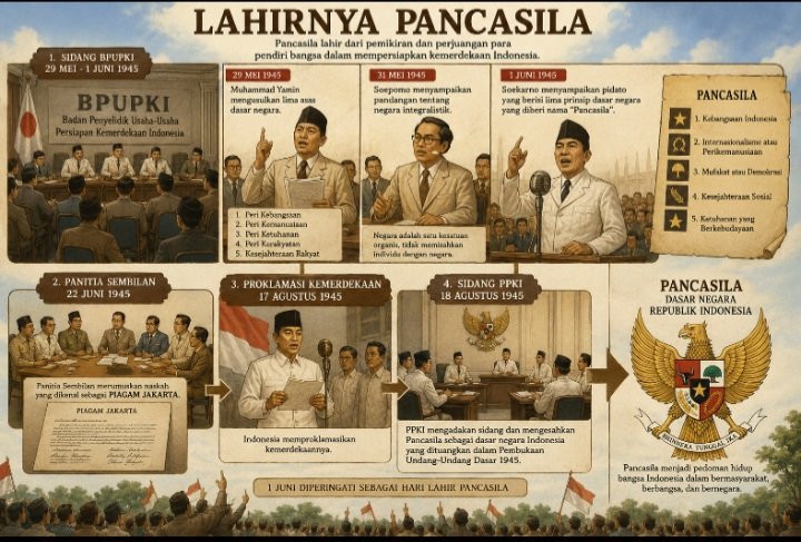 Ilustrasi sejarah lahirnya Pancasila dari Sidang BPUPKI hingga pengesahan sebagai dasar negara Indonesia tahun 1945.
