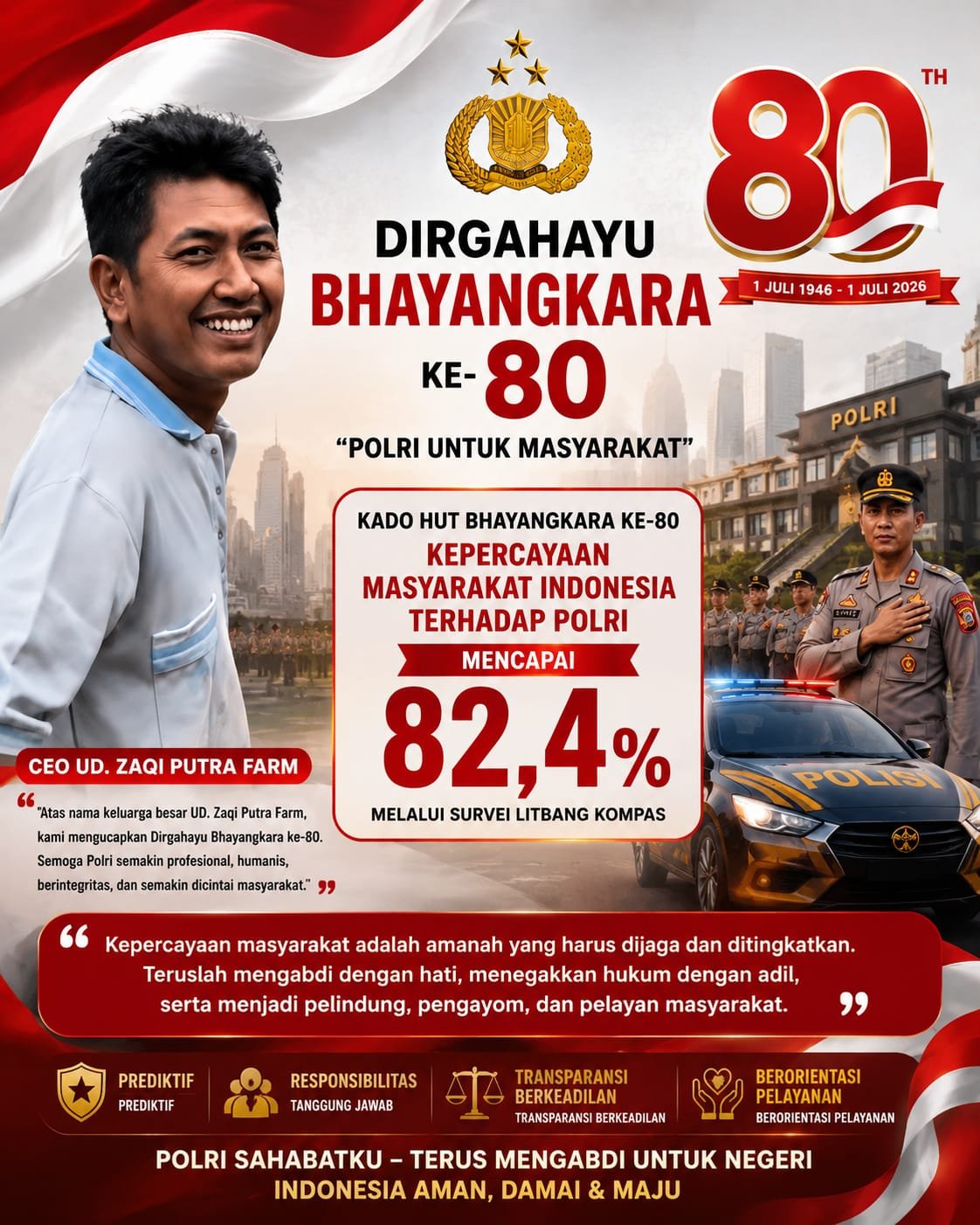 CEO UD. Zaqi Putra Farm mengucapkan Selamat HUT Bhayangkara ke-80 dan mengapresiasi kepercayaan publik terhadap Polri mencapai 82,4 persen.