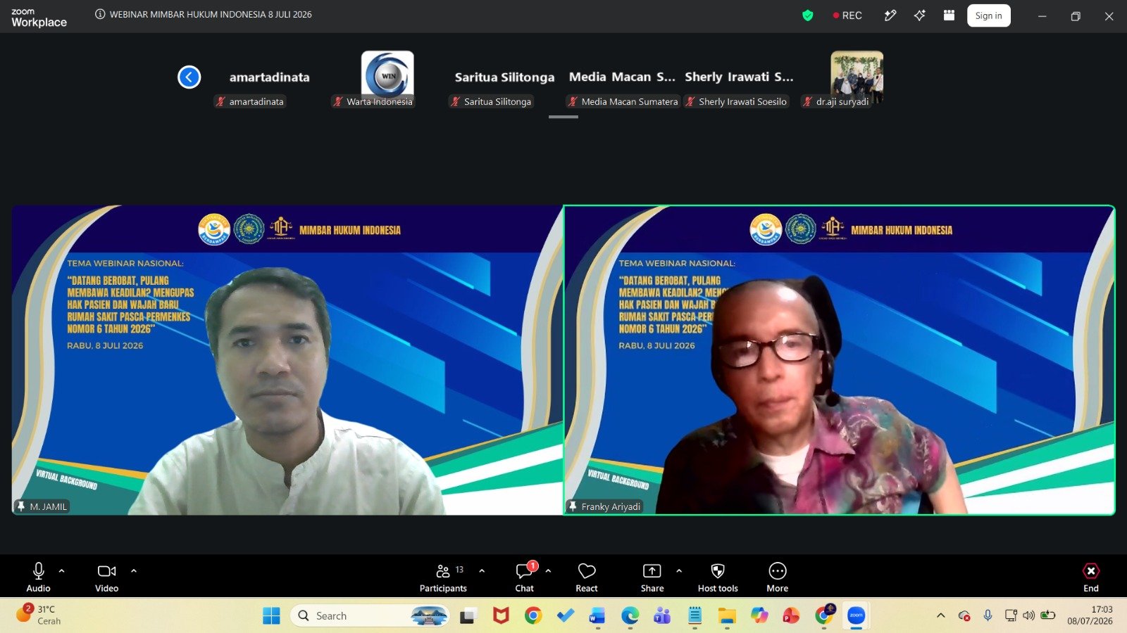 Webinar Nasional Mimbar Hukum Indonesia membahas Permenkes Nomor 6 Tahun 2026 tentang hak pasien melalui Zoom.