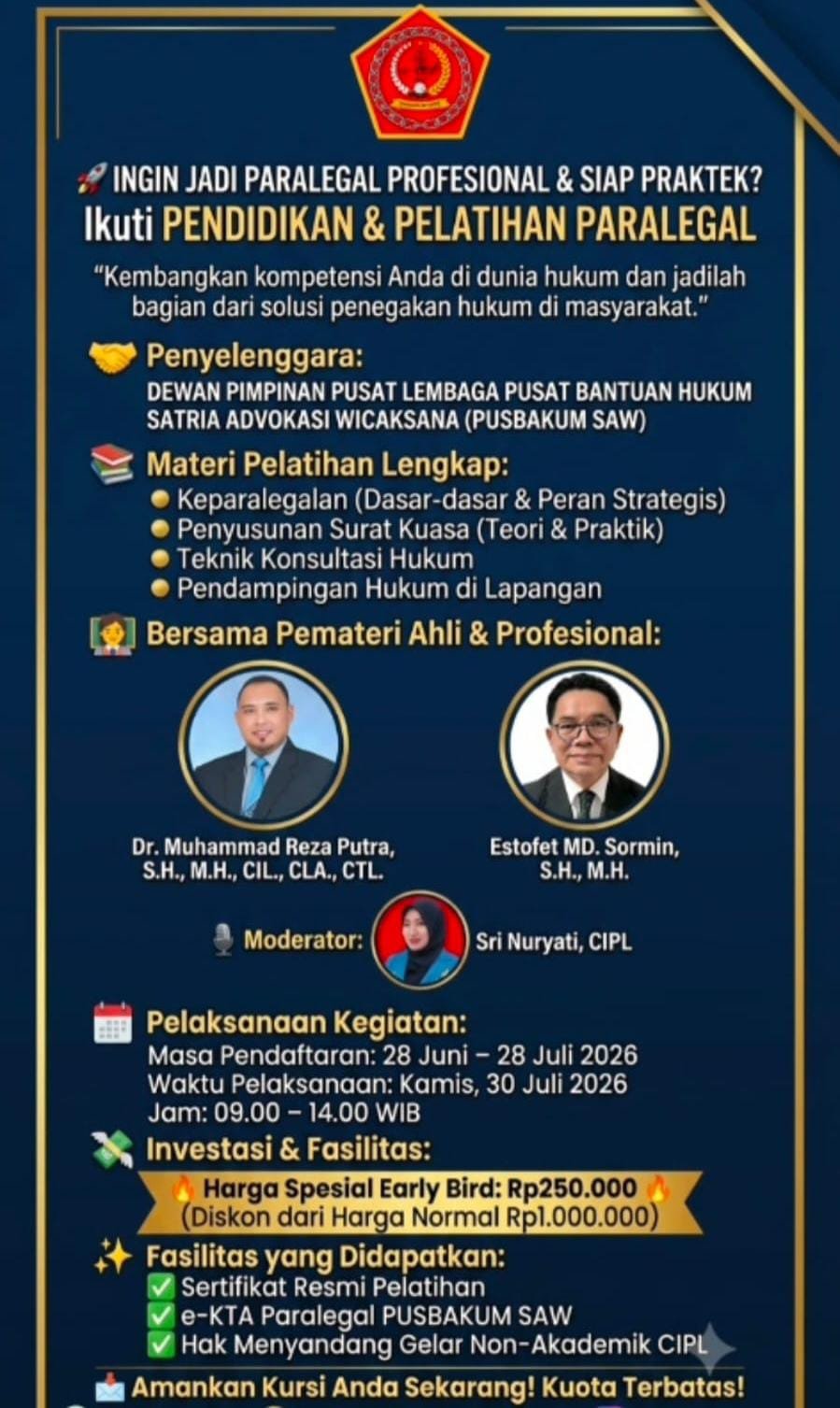 Poster Pendidikan dan Pelatihan Paralegal Profesional DPP PUSBAKUM SAW Tahun 2026.