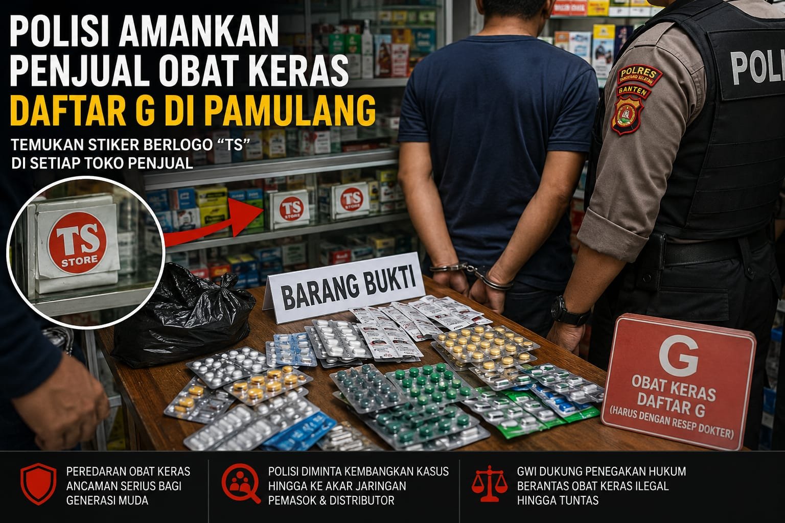 Polisi mengamankan penjual obat keras daftar G di Pamulang dengan barang bukti berbagai jenis obat dan temuan stiker berlogo TS.