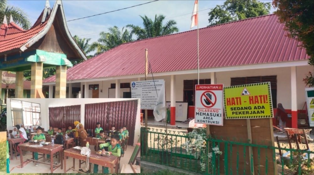 Suasana SDN 18 Tebing Tinggi di Kecamatan Lengayang saat proses rehabilitasi gedung berlangsung, sementara kegiatan belajar mengajar tetap berjalan normal.
