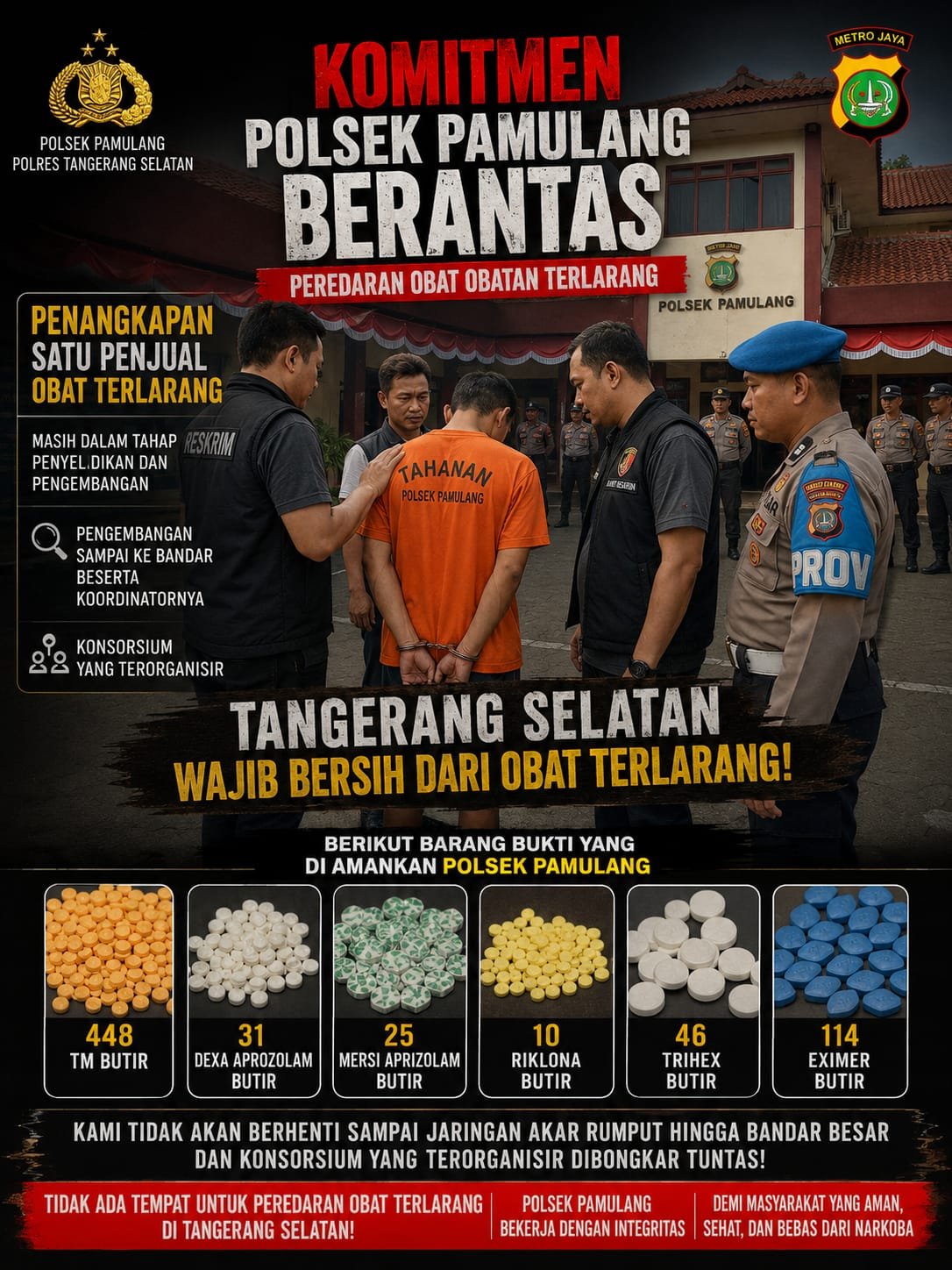 Personel Polsek Pamulang menunjukkan tersangka dan barang bukti ratusan butir obat keras daftar G hasil pengungkapan kasus peredaran obat ilegal di Pamulang, Tangerang Selatan.