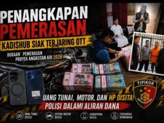 Barang bukti uang tunai, ponsel, sepeda motor, dan tersangka dalam OTT dugaan pemerasan Kadishub Siak oleh Unit Tipidkor Polres Siak.
