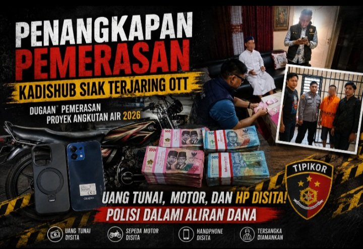 Barang bukti uang tunai, ponsel, sepeda motor, dan tersangka dalam OTT dugaan pemerasan Kadishub Siak oleh Unit Tipidkor Polres Siak.