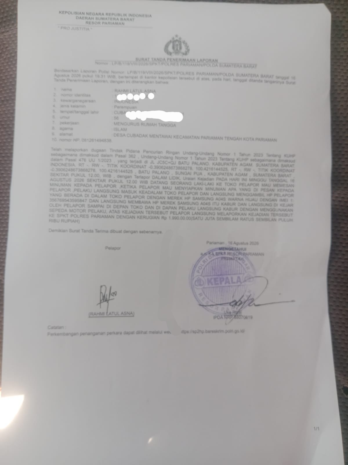Dugaan pencurian Surat laporan polisi terkait dugaan pencurian HP Samsung A04s