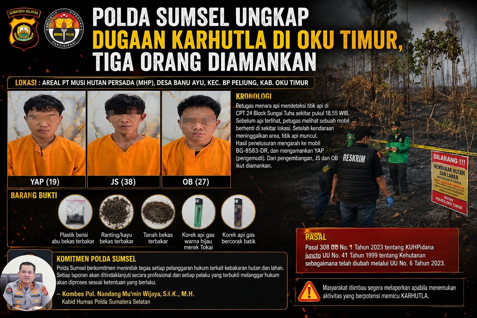 Dugaan Karhutla OKU Timur Polda Sumsel ungkap dugaan Karhutla OKU Timur dan amankan tiga orang