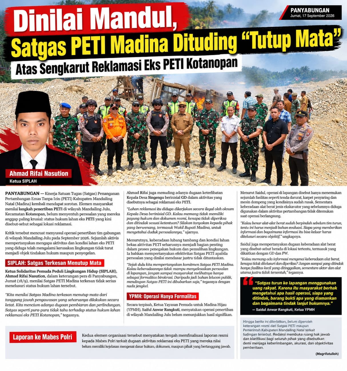 Dinilai Mandul, Satgas PETI Madina Dituding “Tutup Mata” atas Sengkarut Reklamasi Eks PETI Kotanopan