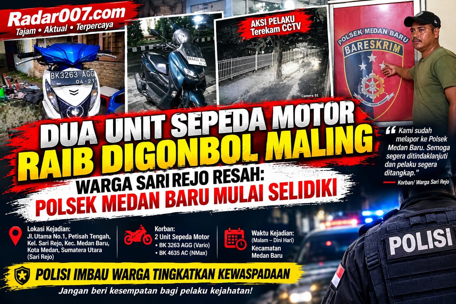 Dua Unit Sepeda Motor Raib Di Gondol Maling, Warga Sari Rejo Resah
