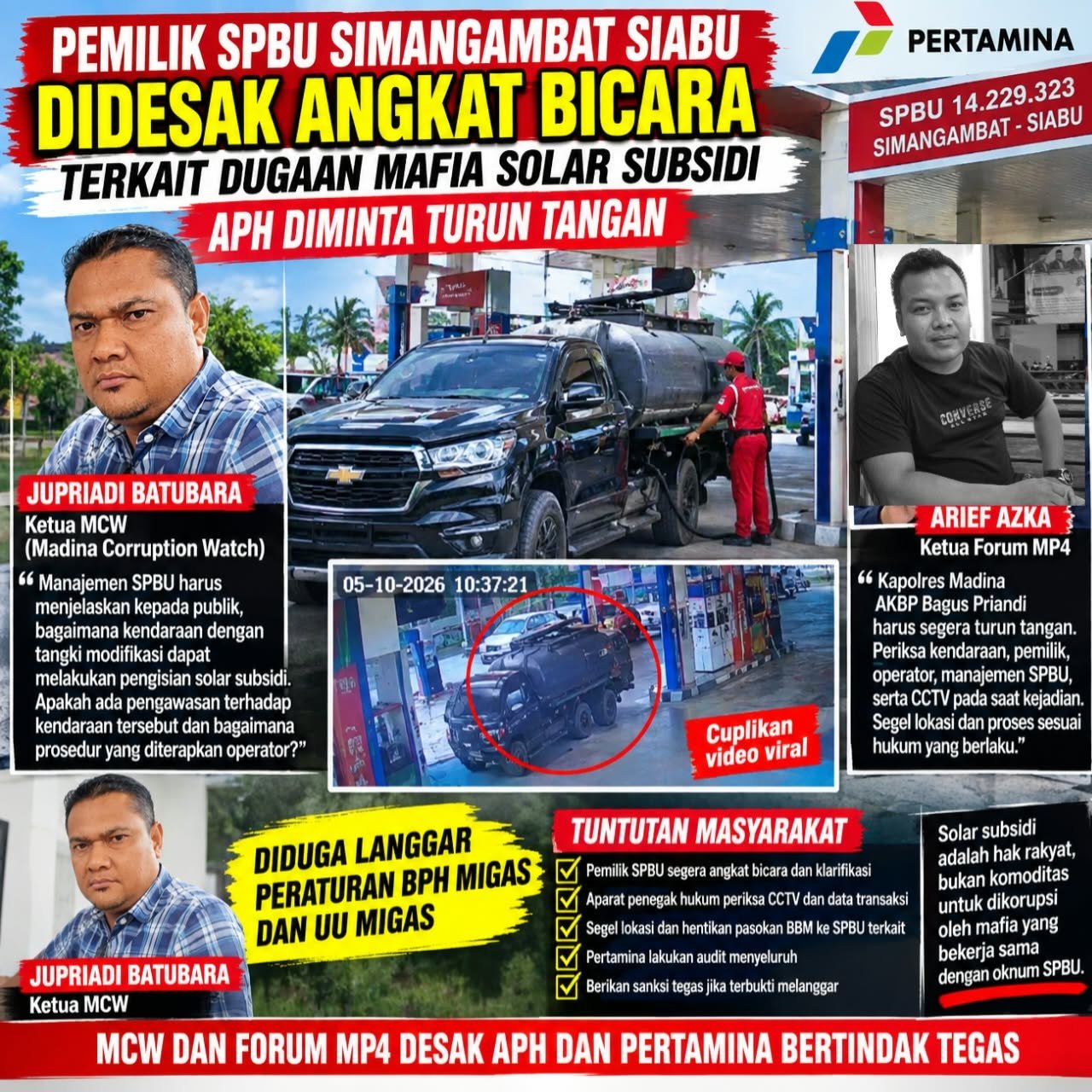Pemilik SPBU Simangambat Siabu Didesak Angkat Bicara Terkait Mafia Solar Subsidi. APH Didesak Turun Tangan.